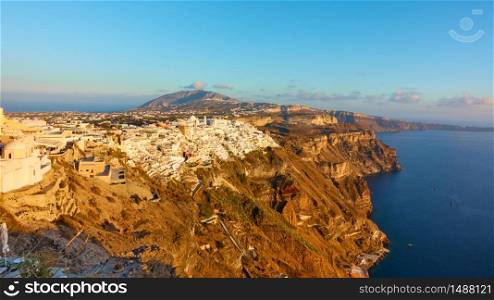 Panorama of Santorini island with Thira town on the cliff, Greece -- Greek landscape