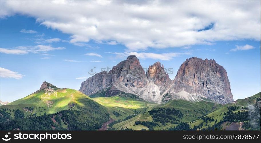 Panorama of Sassolungo mountain peaks, Italian Dolomites