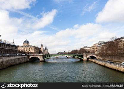 panorama of Seine river and Pont d&rsquo;Arcole in Paris