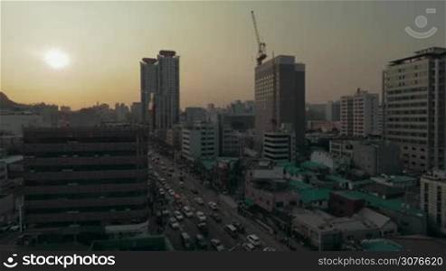 Panorama of Seoul in South Korea. City architecture and busy car traffic in the evening