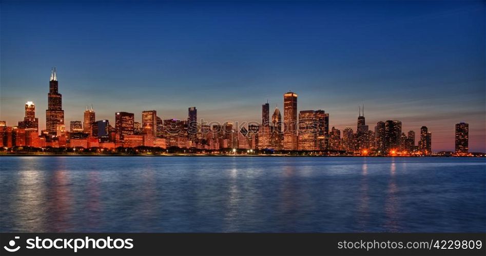 Panorama of skyline of Chicago from the old observatory at sunset