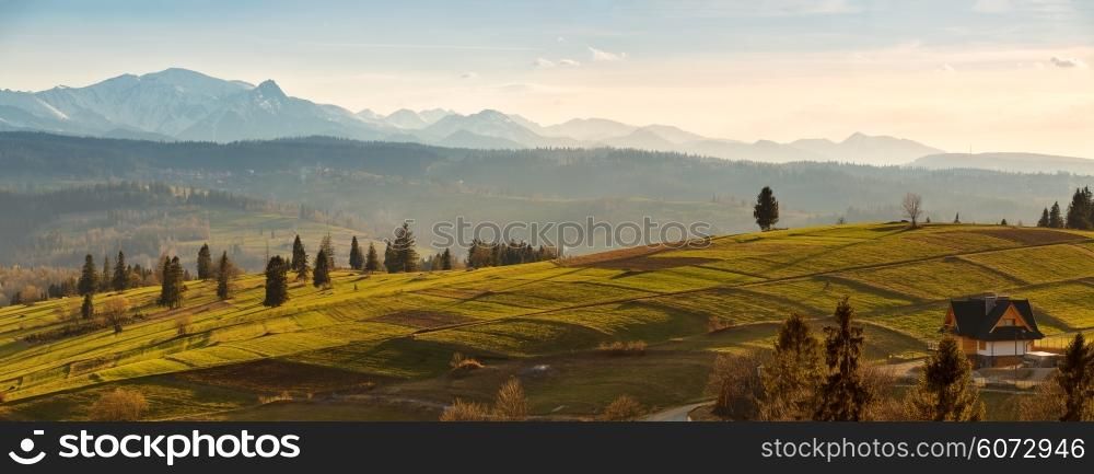 Panorama of snowy Tatra mountains in spring, south Poland. Malopolska
