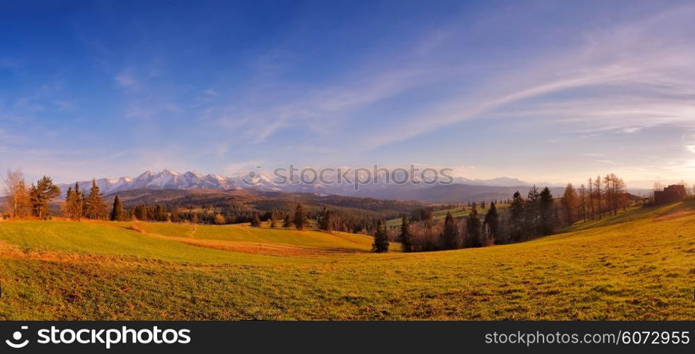 Panorama of snowy Tatra mountains in spring, south Poland. Malopolska