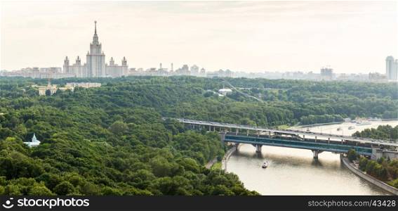 Panorama of Sparrow Hills, Moscow State University, Moscow River and Luzhniki Bridge. Moscow, Russia