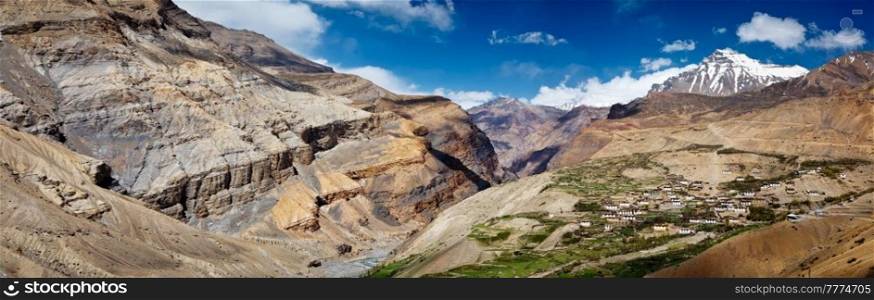 Panorama of Spiti valley and Kibber village himalayan landscape scenery in Himalayas. Spiti valley, Himachal Pradesh, India. Panorama of Spiti valley and Kibber village