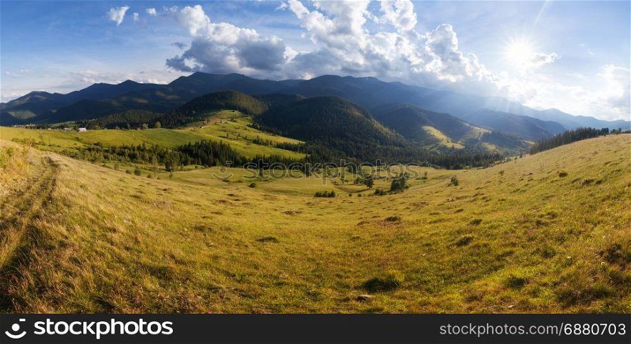 Panorama of summer mountains rural landscape. Carpathian mountains, Ukraine