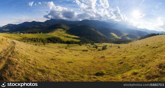 Panorama of summer mountains rural landscape. Carpathian mountains, Ukraine