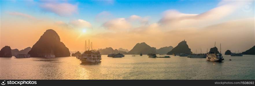 Panorama of Sunset in Halon bay, Vietnam in a summer day
