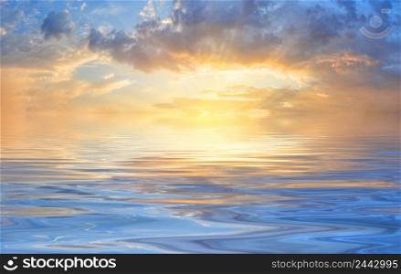 Panorama of sunset sky with bright sun over the waves of the sea. Panorama of sunset sky with bright sun over waves of the sea