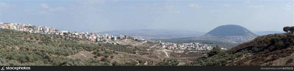 Panorama of Tavor mount and Nazareth in Israel