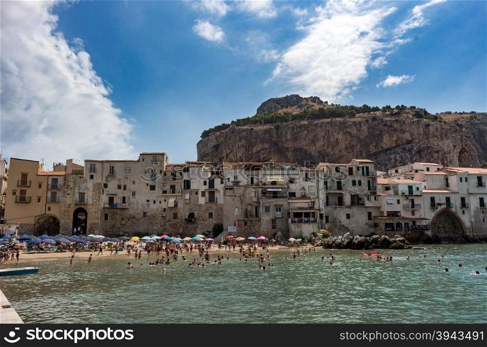 Panorama of the beautiful city of Cefalu, Sicily, Italy, with its famous beach.