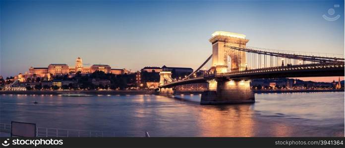 Panorama of the Chain bridge and the castle in the evening. Budapest, Hungary