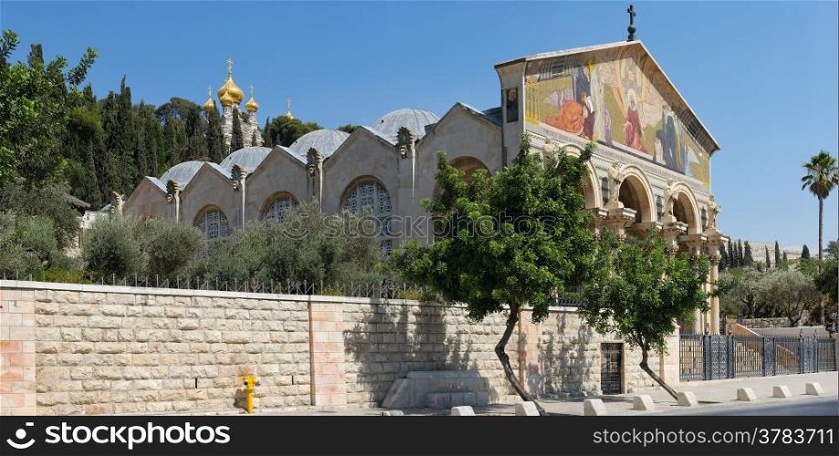 Panorama of the Church of All Nations and the dome of the Church of Mary Magdalene in the background, Jerusalem