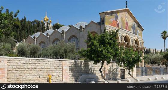 Panorama of the Church of All Nations and the dome of the Church of Mary Magdalene in the background, Jerusalem