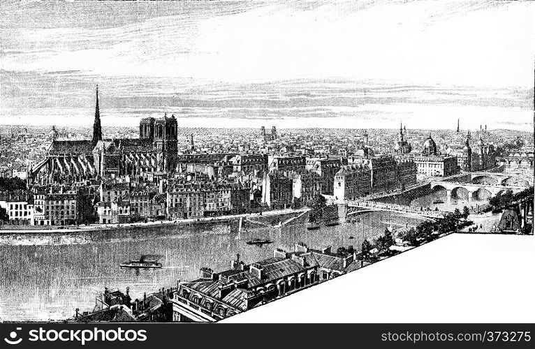 Panorama of the City and the left bank, taken from Saint-Gervais, vintage engraved illustration. Paris - Auguste VITU ? 1890.