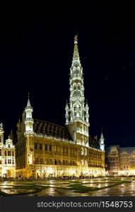 Panorama of the Grand Place at night in Brussels, Belgium