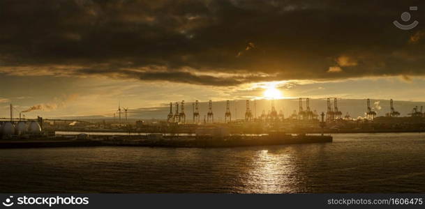 Panorama of the harbor of Hamburg  at sunset