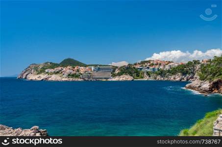 Panorama of the hotels and vacation apartments close to the old town in Dubrovnik. Hotels and vacation homes near the old town of Dubrovnik in Croatia
