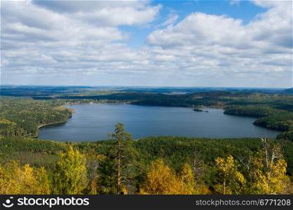 panorama of the lake from the ridge Arakul Sheehan. South Ural