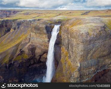 Panorama of the landscape of the Haifoss waterfall in Iceland. Nature and adventure concept background.
