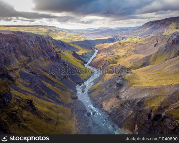 Panorama of the landscape of the Haifoss waterfall in Iceland. Nature and adventure concept background.