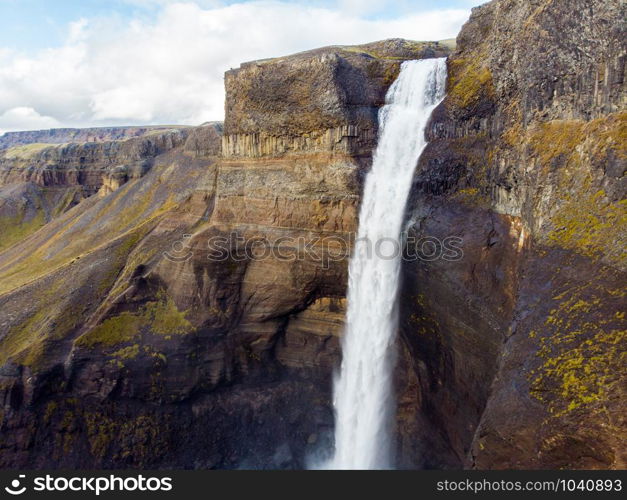 Panorama of the landscape of the Haifoss waterfall in Iceland. Nature and adventure concept background.