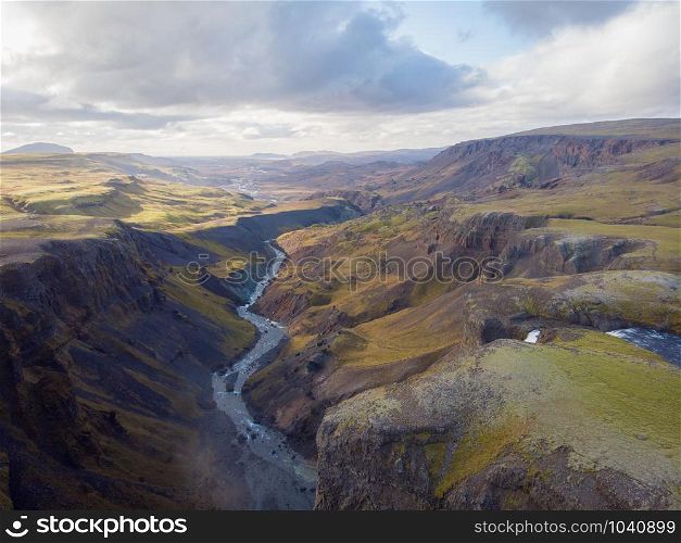 Panorama of the landscape of the Haifoss waterfall in Iceland. Nature and adventure concept background.