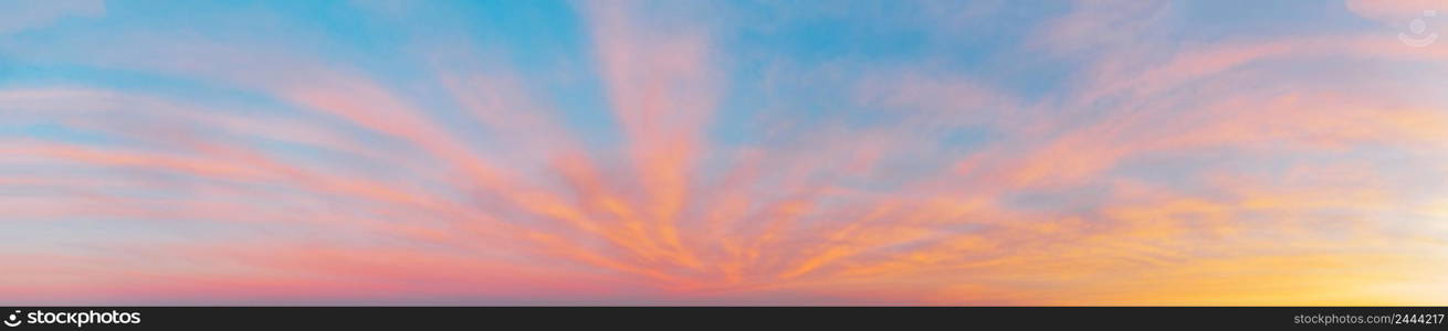 Panorama of the morning sky with pink clouds. Blank for a design project. Panorama of the morning sky with pink clouds