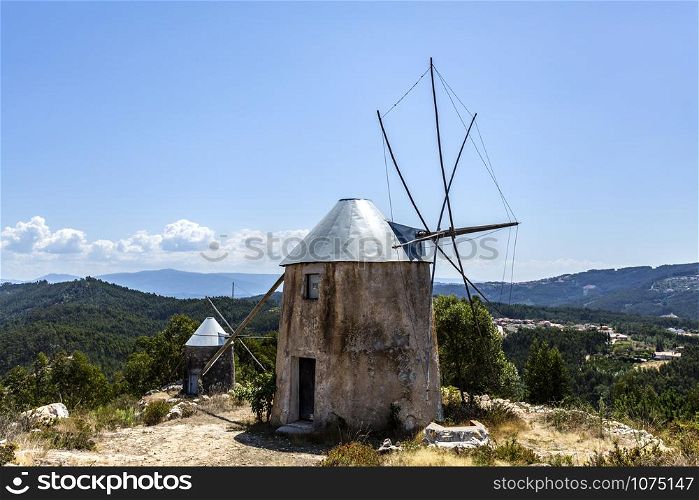 Panorama of the mountains and villages around the windmills of Gavinhos, in Penacova, Coimbra, Portugal