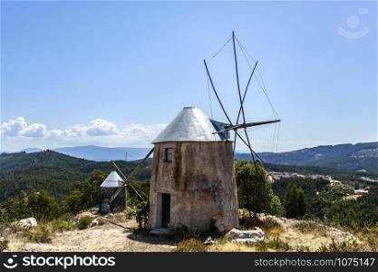 Panorama of the mountains and villages around the windmills of Gavinhos, in Penacova, Coimbra, Portugal