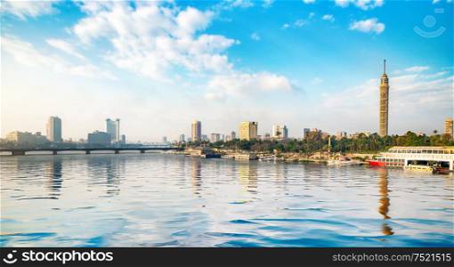 Panorama of the Nile River, view of the Cairo city
