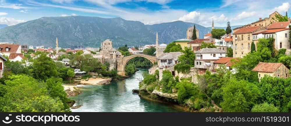 Panorama of The Old Bridge in Mostar in a beautiful summer day, Bosnia and Herzegovina