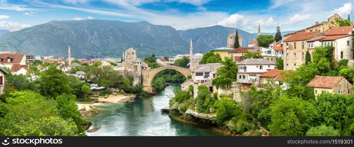 Panorama of The Old Bridge in Mostar in a beautiful summer day, Bosnia and Herzegovina