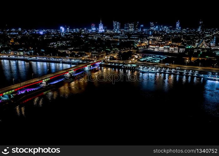 Panorama of the Old Town and downtown Warsaw over Vistula river. City Center. Europe. Aerial View