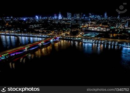 Panorama of the Old Town and downtown Warsaw over Vistula river. City Center. Europe. Aerial View