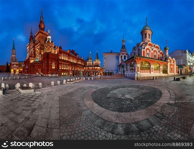 Panorama of the Red Square - Kremlin, Historical Museum, Resurrection Gate and Kazan Cathedral, Moscow, Russia