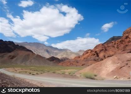 Panorama of the road through the canyon desert. Red rock canyon desert road. Neural network AI generated art. Panorama of the road through the canyon desert. Red rock canyon desert road. Neural network AI generated
