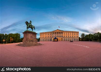 Panorama of the Royal Palace and Statue of King Karl Johan at Sunrise, Oslo, Norway