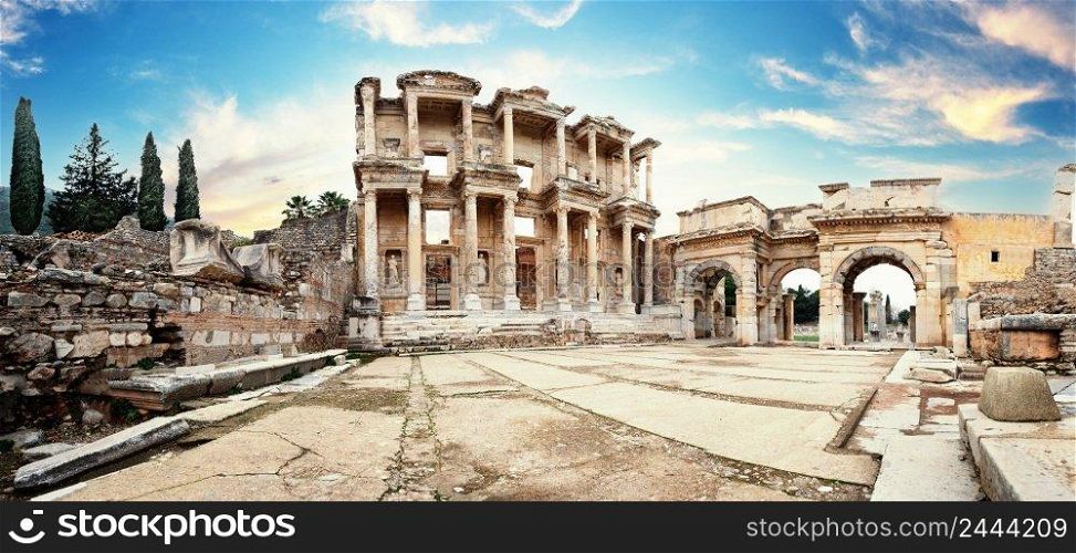 Panorama of the ruins of the library of Celsus in Ephesus in the afternoon. Turkey. UNESCO cultural heritage. Panorama of ruins of library of Celsus in Ephesus in afternoon