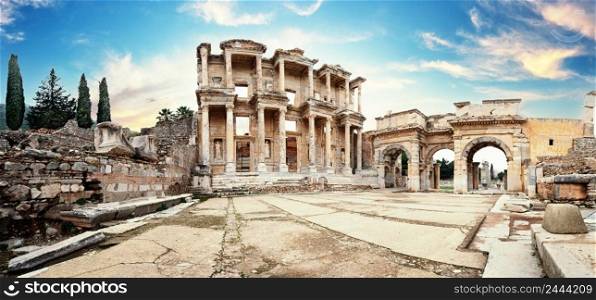 Panorama of the ruins of the library of Celsus in Ephesus in the afternoon. Turkey. UNESCO cultural heritage. Panorama of ruins of library of Celsus in Ephesus in afternoon