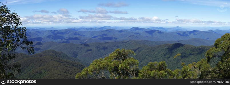 panorama of the view looking at the distant mountains (world heritage area) at point lookout with clouds at eye level. point lookout