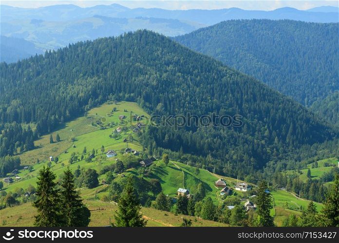 Panorama of the village in the valley of the Carpathians mountains in Verkhovyna, Ukraine
