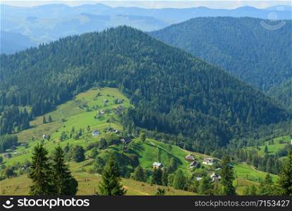 Panorama of the village in the valley of the Carpathians mountains in Verkhovyna, Ukraine