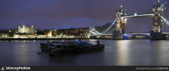 Panorama of Tower of London and Tower Bridge at night