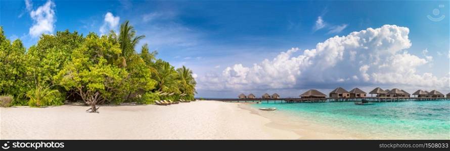 Panorama of Tropical beach in the Maldives at summer day