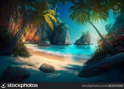 panorama of tropical beach with coconut palm trees. Neural network AI generated art. panorama of tropical beach with coconut palm trees. Neural network AI generated