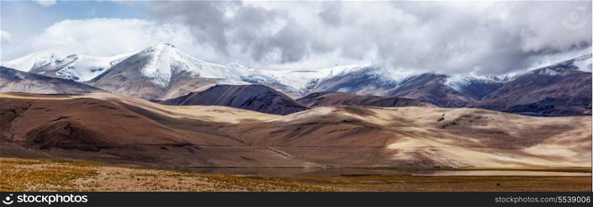 Panorama of Tso Kar - fluctuating salt lake in Himalayas. Rapshu, Ladakh, Jammu and Kashmir, India