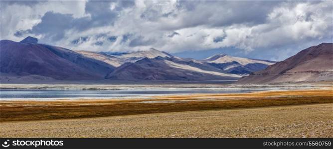Panorama of Tso Kar - fluctuating salt lake in Himalayas. Rapshu, Ladakh, Jammu and Kashmir, India