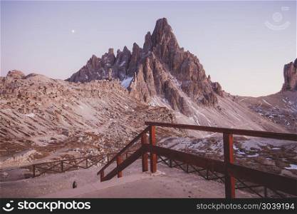 Panorama of twilight Tre Cime di Lavaredo, Italian Dolomites Alps