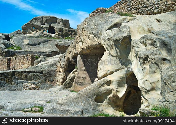 Panorama of Uplistsikhe is an ancient rock-hewn town in eastern Georgia, Gori, Shida Kartli.